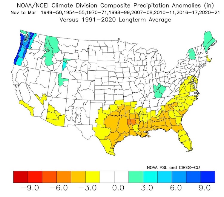Two maps of the U.S. show composite precipitation anomalies (November through March) from seven back to back La Niña years. The top map shows the 1st year. Both years of back-to-back La Niñas show above-average precipitation primarily in western WA and OR and from TX across the southeast. 