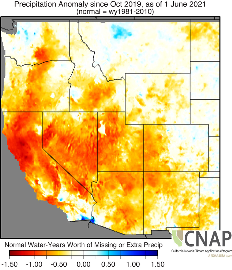 A map of the Western U.S. showing the missing or excess number of years of precipitation as of June 1, 2021 based on normal (1981-2010 average) water year precipitation. Much of California and Nevada are missing more than 0.5 years of precipitation. Northern California and Washoe County are missing over a year’s worth of precipitation.  