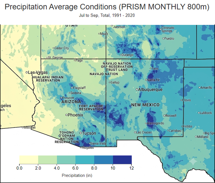 The map highlights the spatial footprint of the North American Monsoon, showing that the highest average rainfall (8 to 12 inches, shaded dark blue) is heavily concentrated across higher terrain, including Arizona's Mogollon Rim, the Fort Apache and Tohono O'odham reservations, and western to central New Mexico. In contrast, the lowest average rainfall (0 to 2 inches, shaded pale yellow) occurs in the lower deserts of western Arizona, southern Nevada, and southeastern California.