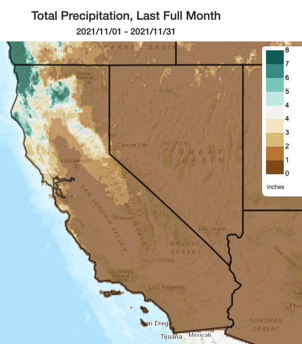 A map of California and Nevada showing the total precipitation through November 2021. The color bar ranges from brown (0-1 inch) to green (7-8 inches). All of Nevada and all of Central and Southern California received less than 1 inch of precipitation in November. Only the far northwestern corner of California received 7-8 inches. 