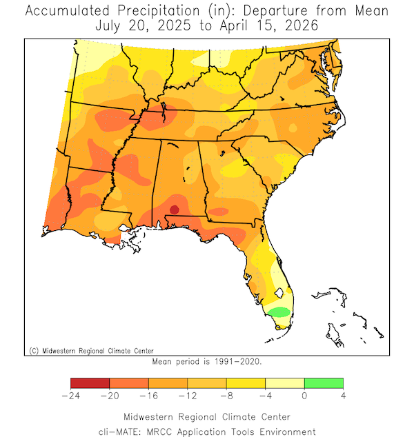 The entire Southeast region has experienced below-normal precipitation over the past 9-month period, with many locations experiencing over 8-inch precipitation deficits. 
