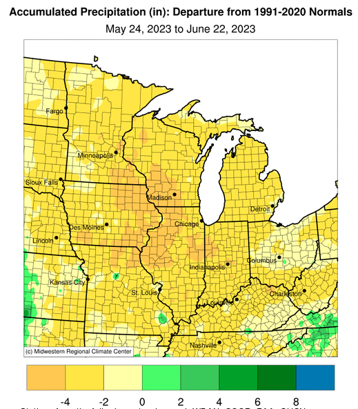 For much of the Midwest, May 24–June 22 precipitation was 2 or more inches below normal. 