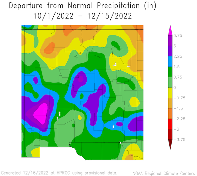 From October 1 to December 15, 2022, precipitation has been lower than normal across much of northern New Mexico, including the San Juan River Basin.
