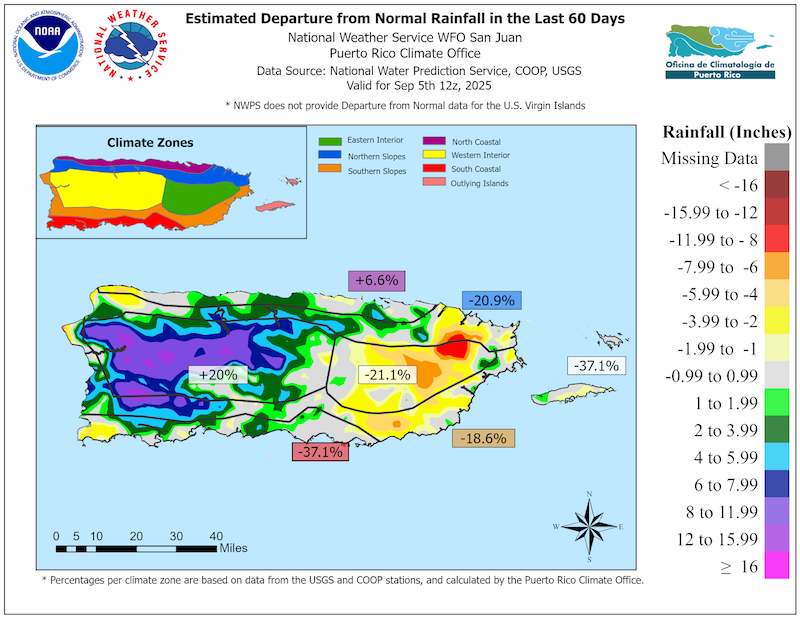 Este mapa muestra que las precipitaciones estuvieron por encima de lo normal en el área oeste de Puerto Rico y en su mayoría por debajo de lo normal en el este de la isla