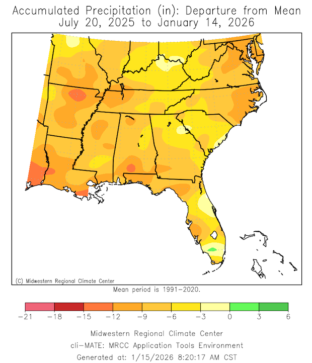  The entire Southeast region has experienced below-normal precipitation over the past 180-day period, with many locations experiencing over 6-inch precipitation deficits. 