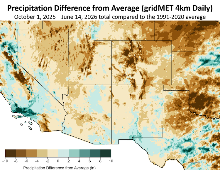 Map of the Western and Southwestern United States showing precipitation differences from average in inches, sourced from ClimateEngine.org. A color-coded legend ranges from negative 10 inches (dark brown, indicating drier than average conditions) to positive 10 inches (dark teal, indicating wetter than average conditions). The data illustrates widespread below-average precipitation across Nevada, Utah, Wyoming, Colorado, and West Texas, highlighted by prominent brown shading. In contrast, above-average precipitation is concentrated across Southern California and scattered pockets of Arizona and New Mexico, as indicated by light to dark teal shading. 