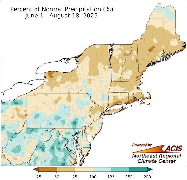 From June 1–August 18, precipitation was below normal across the majority of New York and New England, with a few pockets of slightly above-normal precipitation in northern Maine and southern New York.