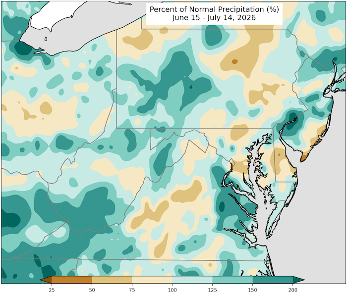From June 15–July 14, precipitation ranged from 50 percent of normal in places like northeastern Pennsylvania and central Virginia to near 200 percent of normal in places such as southwest New Jersey and eastern Virginia.  