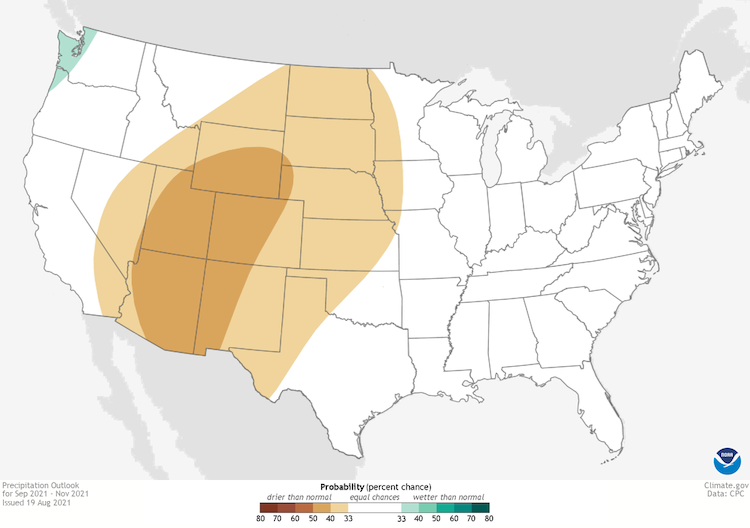 Climate Prediction Center 3-month precipitation outlook for September to November 2021. There are equal chances of above, near, and below-normal precipitation across the Southeast.