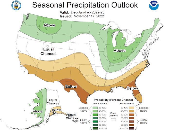 From December 2022 to February 2023, odds favor below-normal precipitation across most of the Southern Plains.