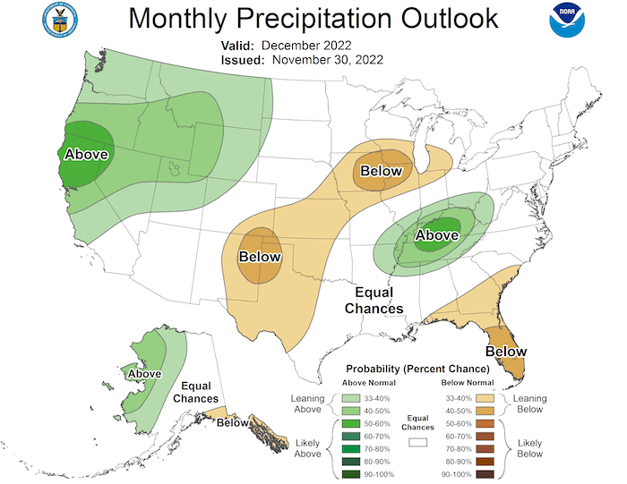 In December 2022, odds slightly favor below-normal precipitation.