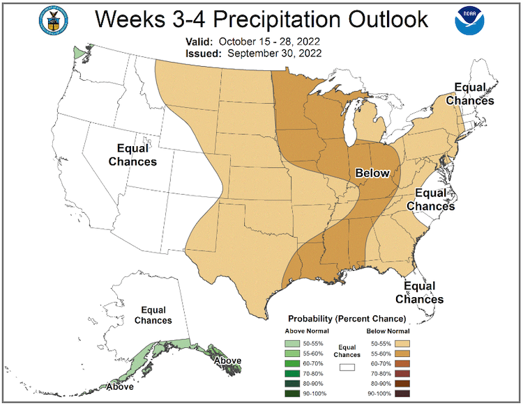 From October 15–28, 2022, odds favor below-normal precipitation in New York, as well as eastern portions of Vermont, Connecticut, and Massachusetts.