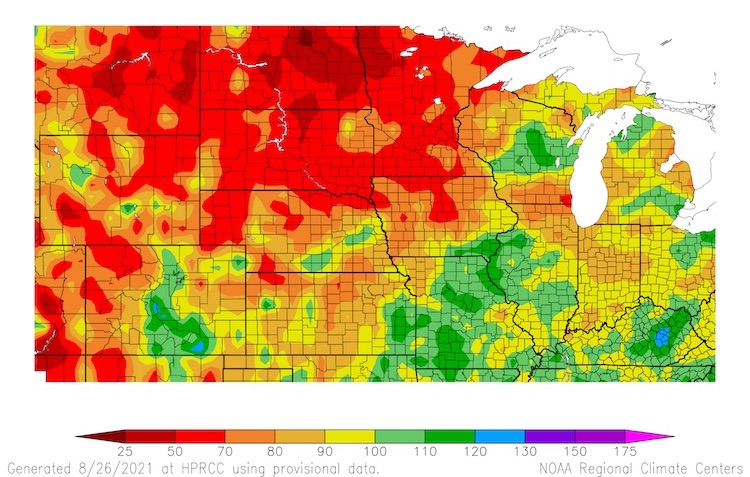 Percent of normal precipitation (in %) for the last 12 months, from August 26, 2020-August 25, 2021. 12-month precipitation was below normal for most of the Plains and large parts of the Midwest.
