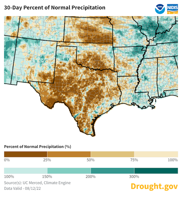 Map of the Southern Plains showing 30-day percent of normal precipitation. Much of the region, including western Texas, western Oklahoma, eastern New Mexico and southwestern Kansas, has received less than 25% of normal precipitation over the last 30 days. 