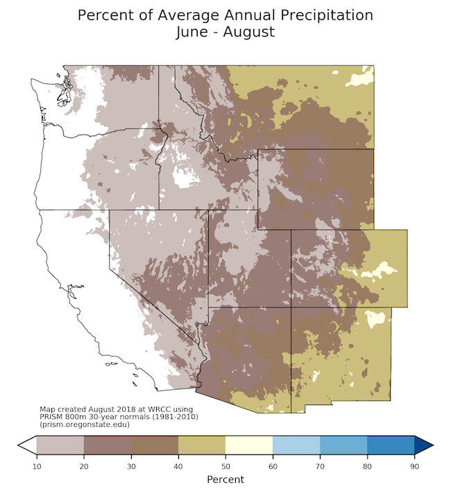 Map of the Western U.S. showing how much annual precipitation occurs during June to September, based on average conditions from 1981-2010. Most of New Mexico, eastern Arizona, and eastern Colorado receive 30% or more of their annual precipitation in June to September..