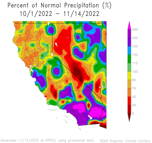 Eastern Nevada and much of Southern California show 150% of precipitation for water year 2023 so far. Eastern Sierra Nevada is less than 50% and parts of Northern California have also received below-normal precipitation.