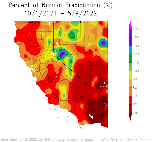 Percent of normal precipitation for California and Nevada from October 1, 2021 to May 9, 2022. Southern Nevada and much of California show less than 70% of normal precipitation. Eastern Sierra Nevada and parts of Northwest Nevada have received over 100% normal precipitation. 