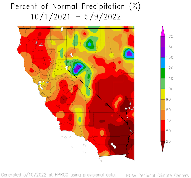 Percent of normal precipitation for California and Nevada from October 1, 2021 to May 9, 2022. Southern Nevada and much of California show less than 70% of normal precipitation. Eastern Sierra Nevada and parts of Northwest Nevada have received over 100% normal precipitation.