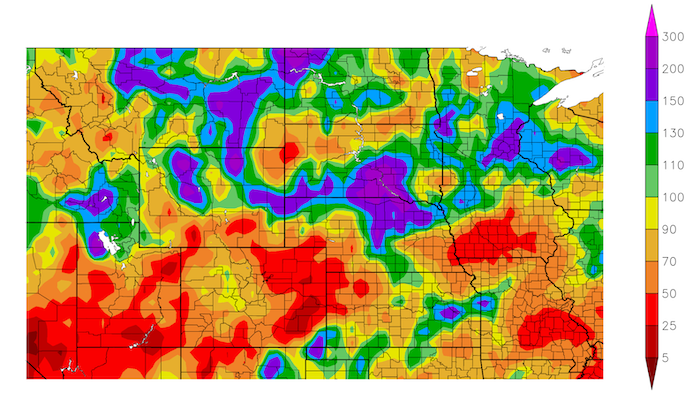 Portions of Colorado, Kansas, Nebraska, Iowa and Missouri have received only 5 to 50% of their normal precipitation over the last 90 days (since September 21, 2023). Other areas, including northern Nebraska, South Dakota, North Dakota, Wyoming, and Montana, have received above-normal precipitation (130%-300% of normal).