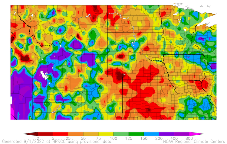 From August 2 to 30, precipitation has been only 5-25% of normal across most of Nebraska and Kansas, northeast Montana, western North Dakota, portions of South Dakota, and northeast Colorado