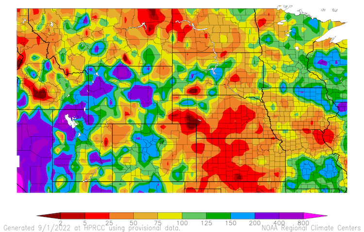 From August 2 to 30, precipitation has been only 5-25% of normal across most of Nebraska and Kansas, northeast Montana, western North Dakota, portions of South Dakota, and northeast Colorado 