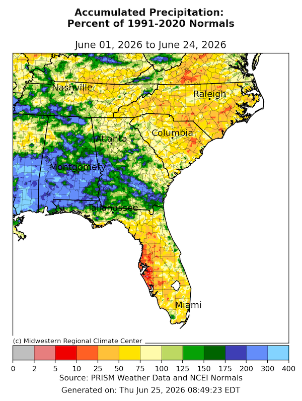 For June to date, precipitation has been mixed for the Southeast. Alabama, Georgia, and the Florida Panhandle have received above-normal precipitation, while the Florida Peninsula, most of South Carolina and Tennessee, and all of North Carolina have received below-normal precipitation. 