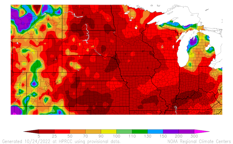 From September 24 to October 23, most of the north central U.S. had below-normal precipitation, with many areas below 25% of normal.