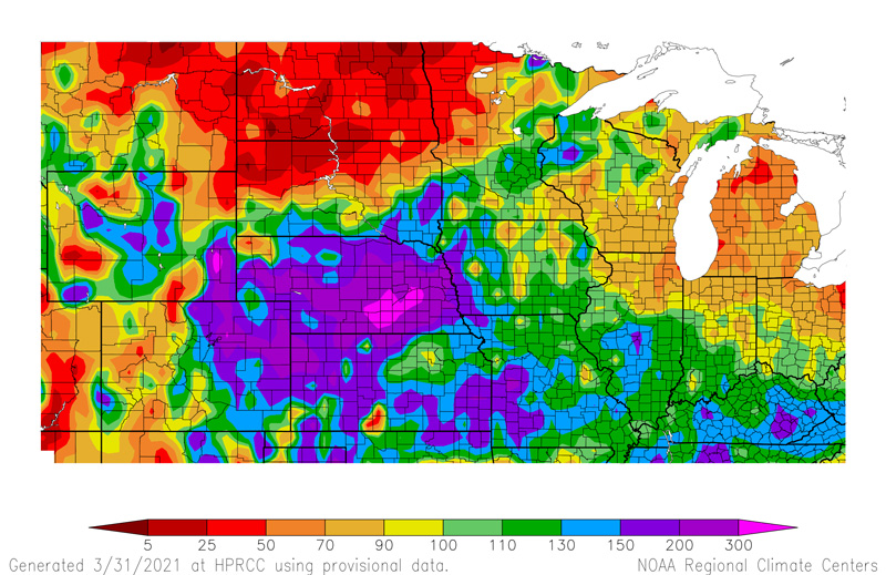 High Plains Regional Climate Center map showing precipitation as a percent of normal from December 31 to March 30. Montana, the Dakotas, northern MN, and the Great Lakes basin experienced below-normal precipitation.