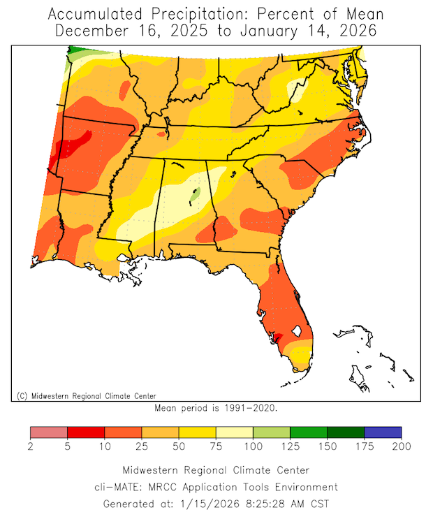 Most of the Southeast region experienced 75% of normal precipitation or less over the past 30-day period. 