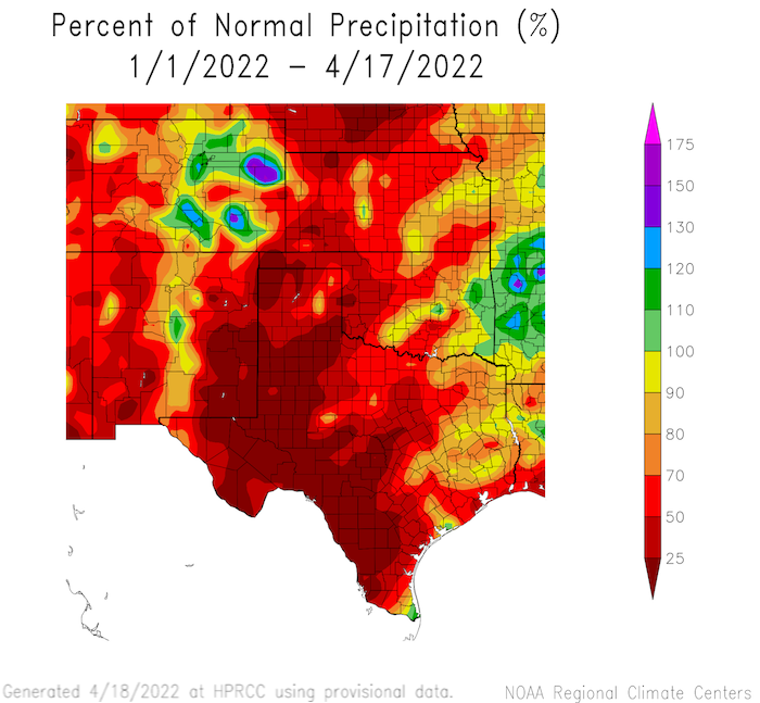  Map of the Southern Plains showing year-to-date percent of normal precipitation. All of the region, with a few small exceptions along the OK AR border and in far southern coastal Texas, are at less than 90% of normal precipitation. Much of the region including western Texas, western Oklahoma, eastern New Mexico and southwestern Kansas have received less than 50% of normal precipitation for the year and much of western Texas is below 50%. 