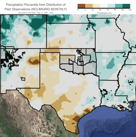 Parts of western Kansas and the Oklahoma and Texas panhandles had monthly rainfall in the lowest 10% of historical records. 