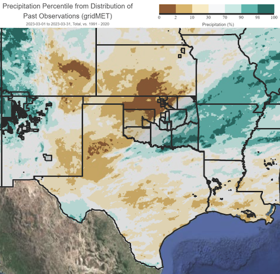  Much of the region, including northern Texas, Oklahoma, north eastern New Mexico and southeastern Kansas, has received monthly precipitation below the 30th percentile.