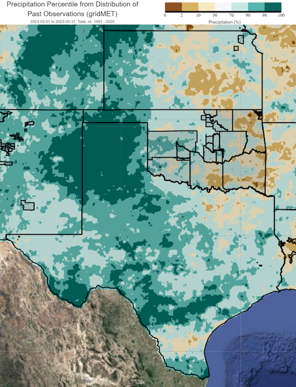 Map of the Southern Plains showing May precipitation percentiles. Much of the region, including northern Texas, western Oklahoma, north eastern New Mexico and southwestern Kansas, has received monthly precipitation above the 90th percentile for May.