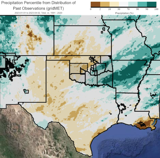 Since January 1, parts of southwestern Kansas, and the Texas and Oklahoma panhandles seeing precipitation within the bottom 10% of historical records for this time of the year.