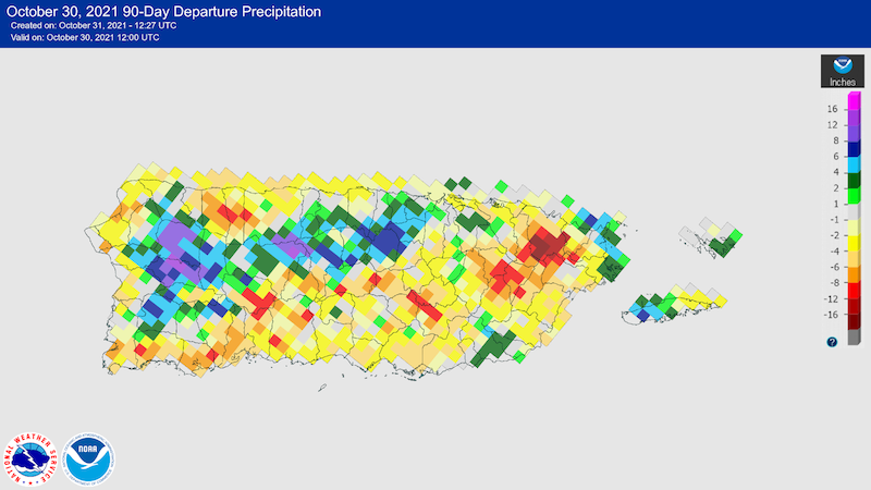 90-day departure from normal precipitation for Puerto Rico, through October 30, 2021. 90-day precipitation deficits range from 20 to 4 inches along the southern coast of Puerto Rico and parts of the eastern central interior.