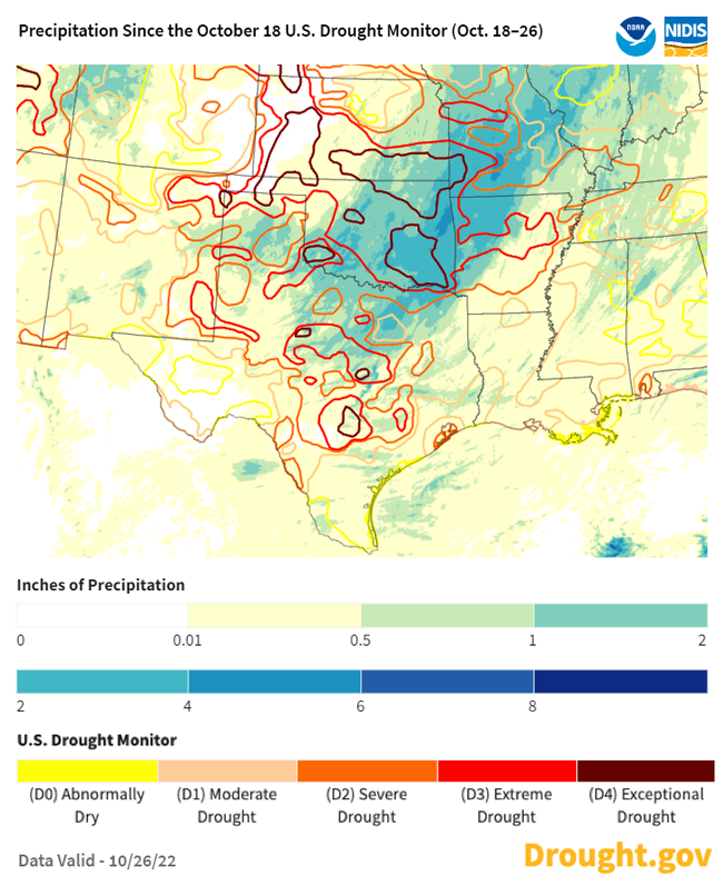 Accumulated precipitation since the release of the 18 October Drought Monitor. The Choctaw Nation, which was in exceptional drought, received over 2 inches in this single storm.