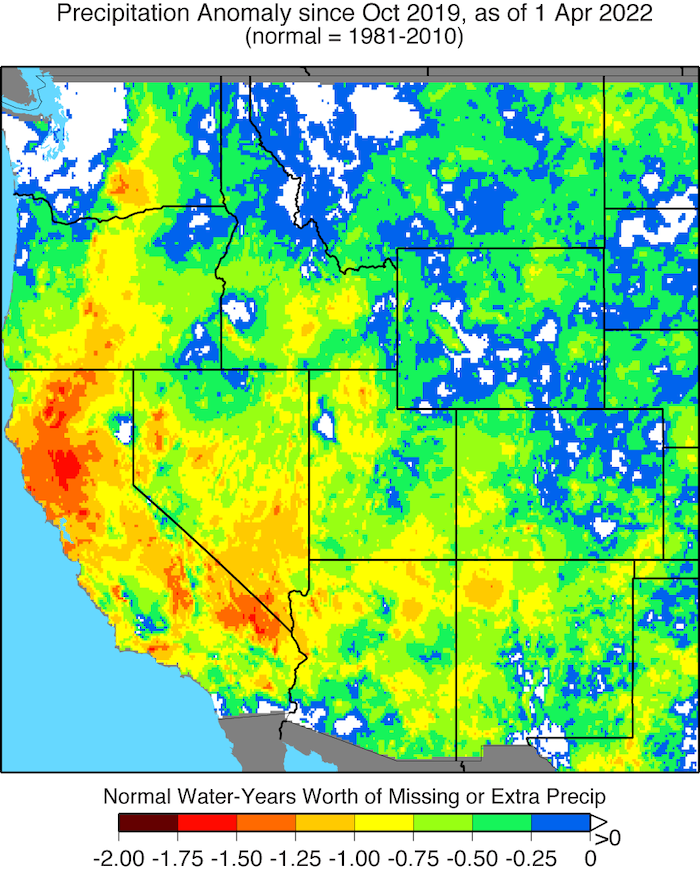 A map of the Western US showing the missing or excess number of years of precipitation as of October 1, 2019 based on normal (1981-2010 average) water year precipitation. Much of California and Nevada are missing more than 0.5 years of precipitation. Parts of northern California 1.25-1.75 years worth of precipitation.