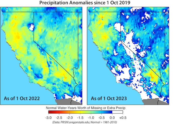 The central and coastal southern California deficits were from <0.5 years to >1 years at  the start of the water year. By the start of the Water Year 2023 , those deficits had been reduced to no remaining deficit.