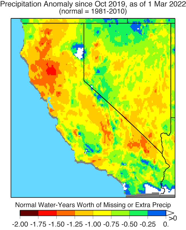 A map of California and Nevada showing the missing or excess number of years of precipitation as of October 1, 2019 based on normal (1981-2010 average) water year precipitation. Much of California and Nevada are missing more than 0.5 years of precipitation. Parts of northern California 1.25-1.75 years worth of precipitation.