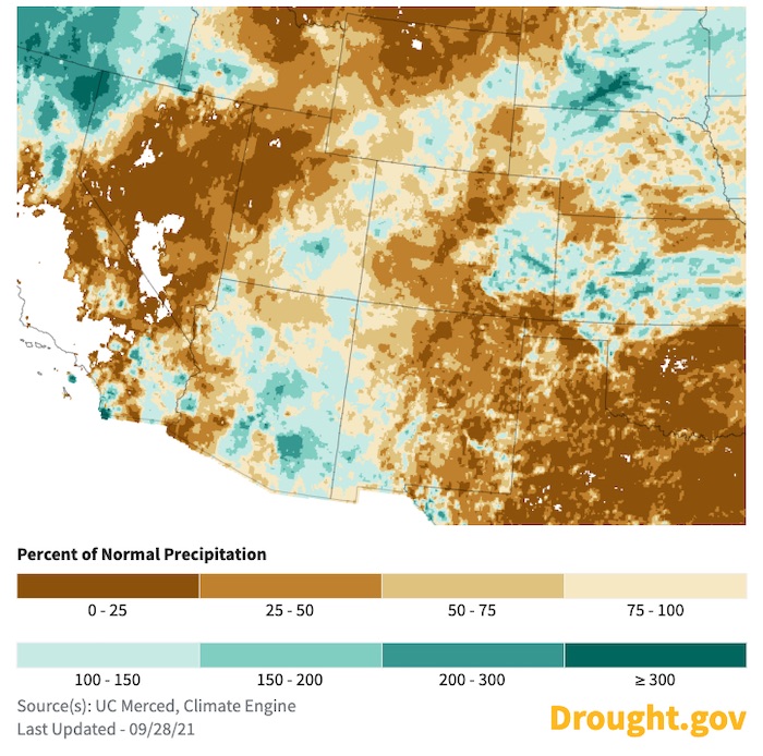 Map of the western United States showing percent of normal precipitation for the 30 days from August 29 to September 28, 2021. Western Utah and the central Colorado Rockies have had less than 25% of normal precipitation for this period. Southern Arizona had 100 to 150% of normal precipitation for the period.