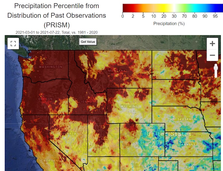  Modeled precipitation percentiles from March 1 to July 22, 2021 based on PRISM climate data indicate that dry conditions are not just in the high mountains, and are setting record lows, based on the data that begin in 1980 with the majority of the region in dark red indicating precipitation below the 5th percentile.