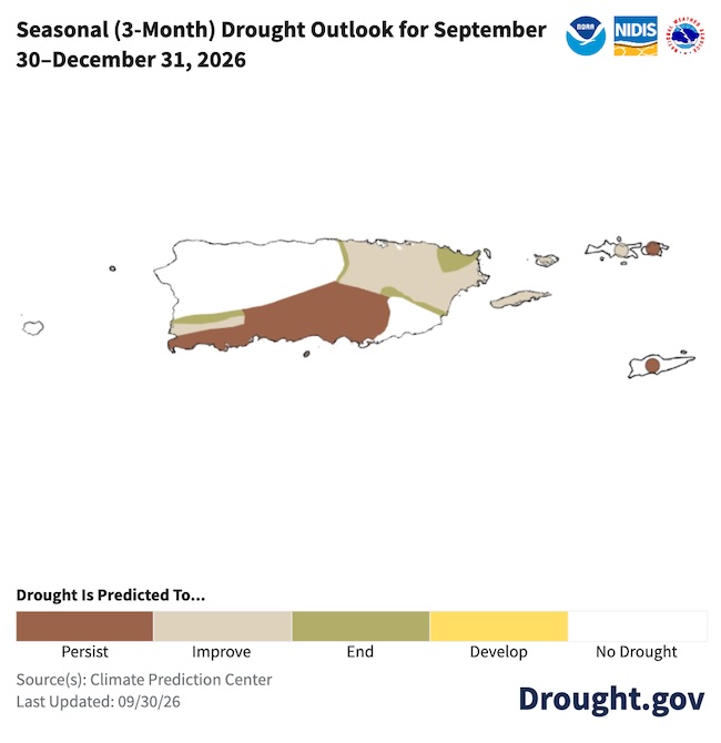 This map shows that drought is expected to persist in the U.S. Virgin Islands and the south and east Puerto Rico from September 30 - December 31, 2026. 