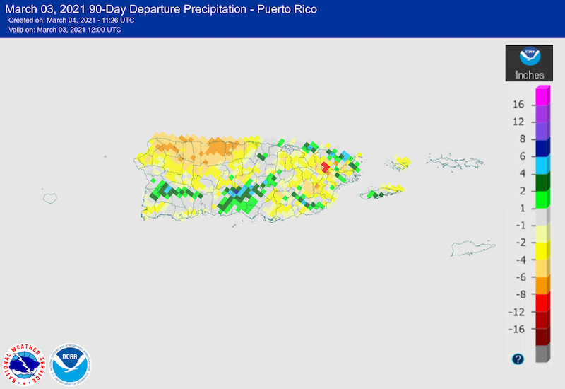 National Weather Service map showing 90-day departure from normal precipitation across Puerto Rico. Deficits range from 4 to 8 inches across interior and north central Puerto Rico