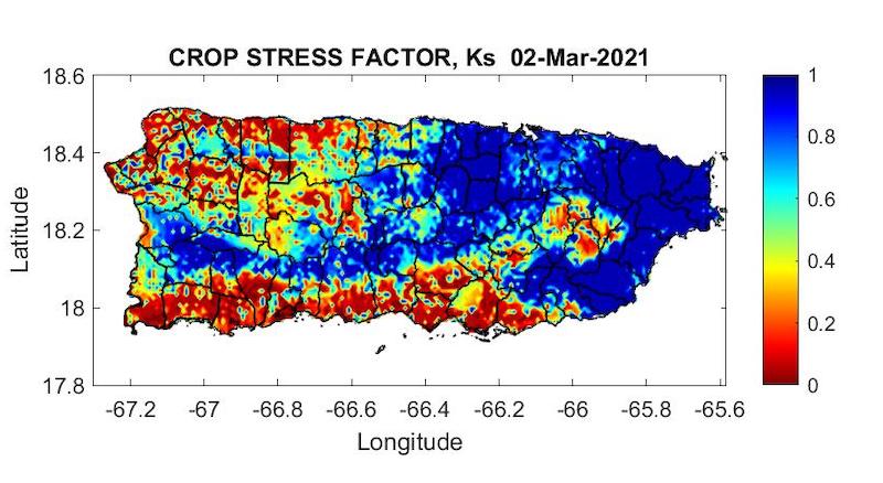 Crop stress factor for Puerto Rico, as of March 2, 2021. Shows high crop stress across the north central and southern slopes.