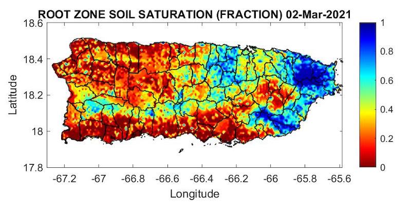 Root zone soil saturation for Puerto Rico, as of March 2, 2021. Shows low soil saturation levels in the northwest and southern slopes.