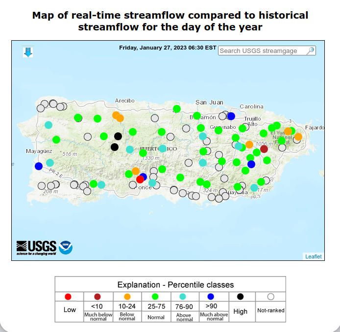 As of January 27, most streams in Puerto Rico show normal to above normal flows, with below-normal flows in the northern karst region and north of Ponce.