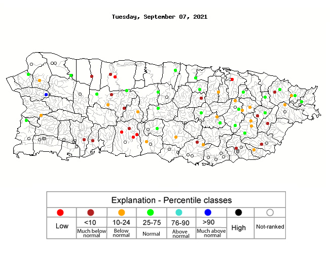 28-day average streamflow for Puerto Rico, as of September 7, 2021. Most streamflows across the eastern interior and central Puerto Rico are running below or much below the normal range.