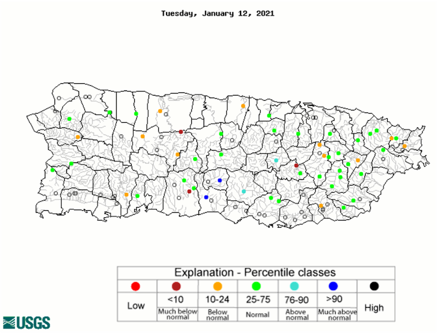 Current 28-day average streamflow retrieved from the U.S. Geological Survey. Shows most streamflows running at normal levels, with a few exceptions in north central Puerto Rico.