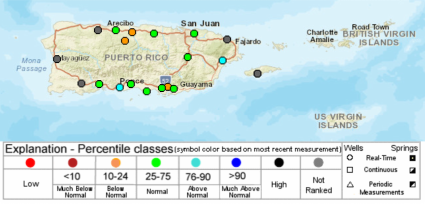 Current groundwater levels for the U.S. Virgin Islands and Puerto Rico. Shows that most wells are at normal levels.