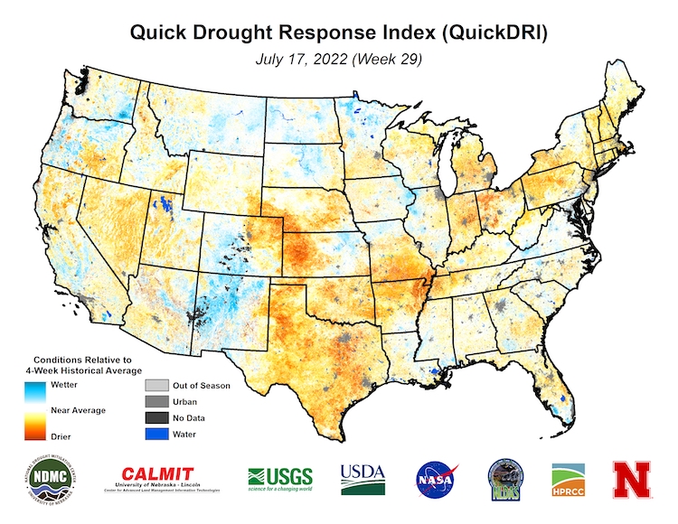 4-week Quick Drought Response Index (QuickDRI). A rapidly developing drought is evident across western Kansas, Oklahoma, Texas, southern Missouri and northern Arkansas.